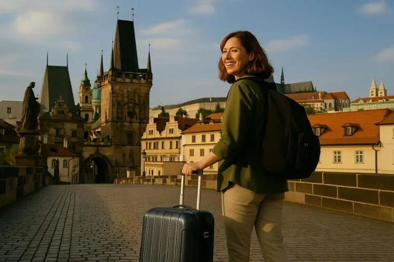 solo female traveler walking into town